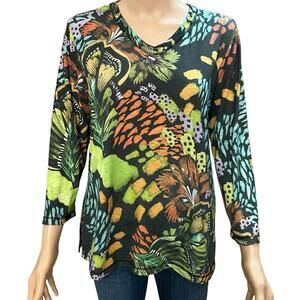 Jess And Jane Floral Feather Print Tshirt Small Abstract Artsy 3/4 Sleeve V Neck